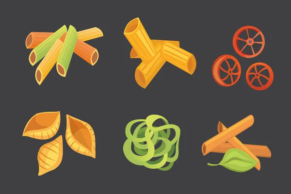 Set de vectores de pasta italiana en estilo de dibujos animados. Diferentes tipos y formas de macarrones con. Ravioli, espaguetis, tortiglioni ilustración — Vector de stock