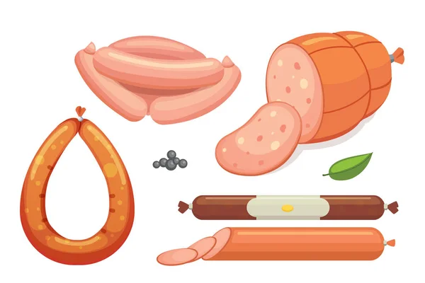 Vektor-Cartoon-Wurst. Speck, Salami in Scheiben geschnitten und geräuchert gekocht. vereinzelt frische Feinkost-Ikonen. gegrilltes Produkt auf weißem Hintergrund — Stockvektor