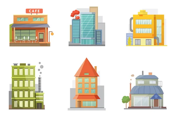 Flat design of retro and modern city houses. Old buildings, skyscrapers. colorful cottage building, cafe house. — Stock Vector