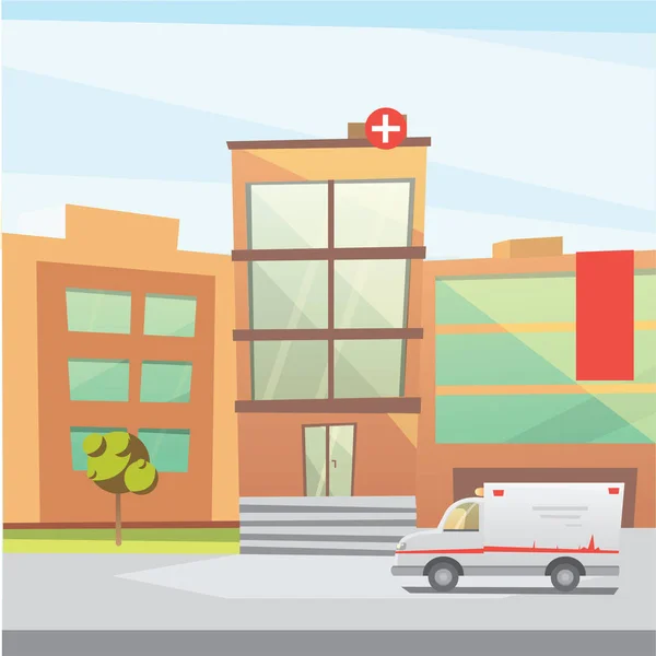 Hospital edificio de dibujos animados ilustración vectorial moderna. Clínica Médica y antecedentes de la ciudad. Sala de emergencias exterior — Vector de stock