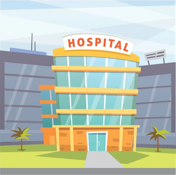 Hospital edificio de dibujos animados ilustración vectorial moderna. Clínica Médica y antecedentes de la ciudad. Sala de emergencias exterior — Vector de stock