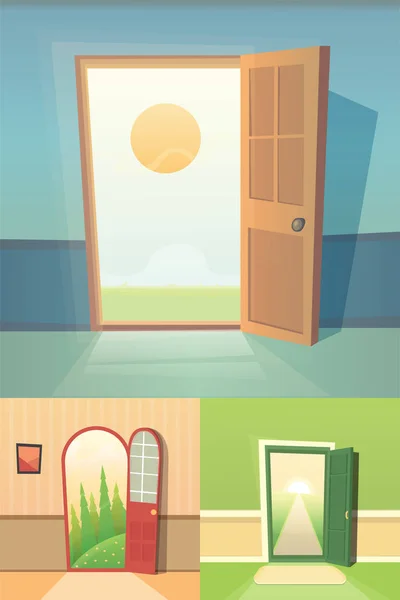 Open Door Cartoon Vektor Sammlung. Set von vier niedlichen Türen. — Stockvektor
