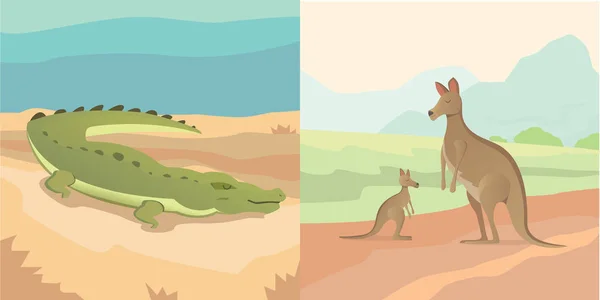 Ilustración vectorial, canguro adulto con bebé y cocodrilo estilo de dibujos animados animales australianos aislados — Vector de stock