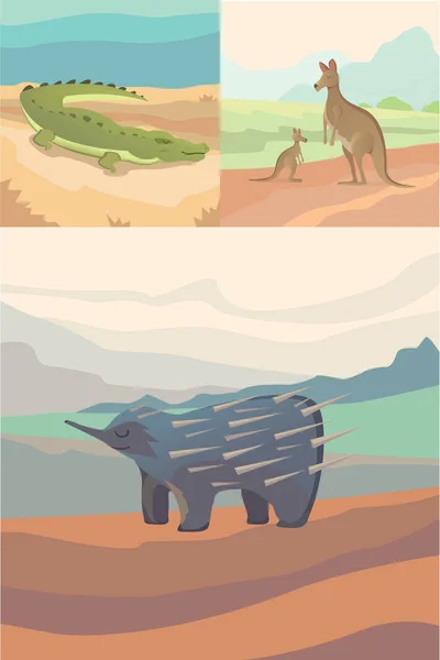 Animales australianos vector cocodrilo, canguro y echidna estilo plano — Vector de stock