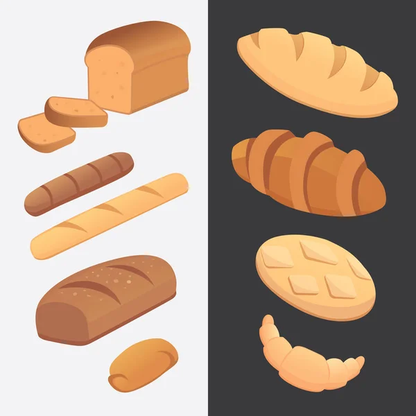 Diferentes panes y productos de panadería ilustraciones vectoriales. Bollos para desayunar. Set de alimentos para hornear y tostadas aisladas . — Vector de stock