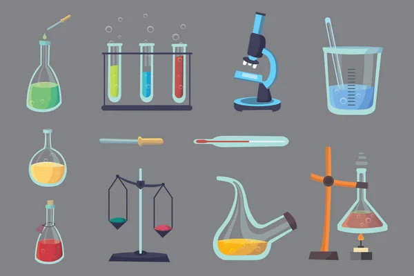 Conjunto de vectores - ensayo químico. Equipo experimental de laboratorio de química de diseño plano — Vector de stock