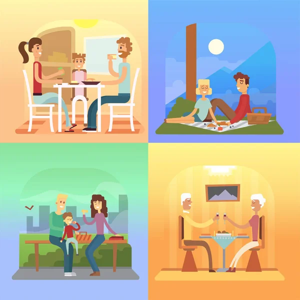 Conceptos de dibujos animados de vacaciones familiares. Mamá, papá, hijo, hija en la cena . — Vector de stock