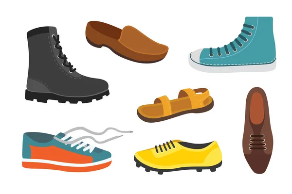 Мужской сезон обувь в плоском стиле. Мужчины сапоги изолированные набор векторных иллюстраций — стоковый вектор