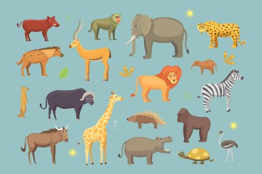 Afrika hayvanları vektör set karikatür. izole safari illüstrasyon