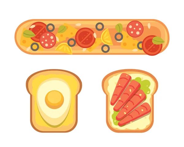 Set skålar och smörgås frukost. Bröd rostat bröd med sylt, ägg, ost, blåbär, jordnötssmör, salami, fisk. Flat vektorillustration. — Stock vektor