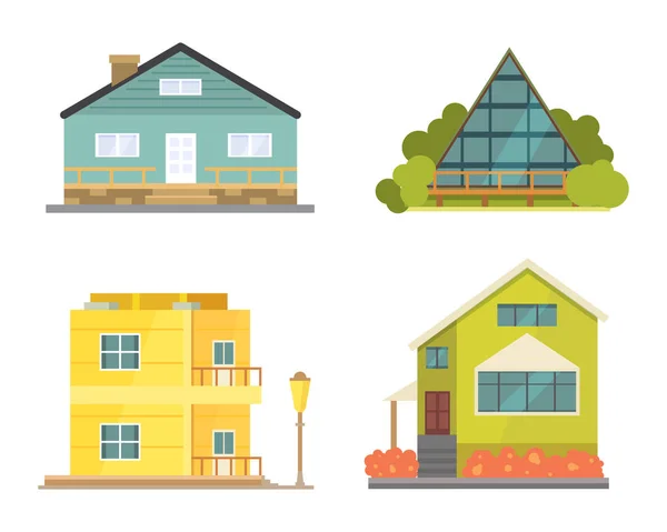 Häuschen und verschiedene Immobilien Gebäude Symbole. Wohnhaus-Kollektion im neuen Cartoon-Stil — Stockvektor