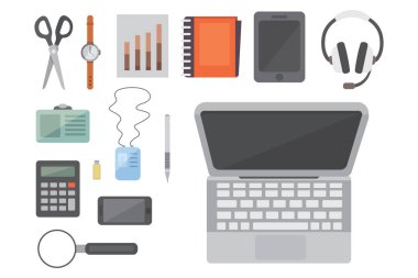 Çalışma alanı ile mobil cihazlar ve belgeler. Office kişisel ve iş ikonları/simgeleri set vektör. Gadget'ı dizüstü düz resimde çalışma tablosu