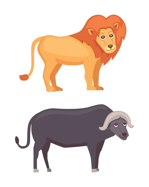 African animals cartoon vector set. lion and buffalo safari isolated illustration. — Stock Vector