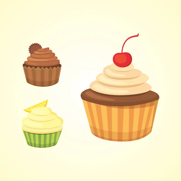 Sevimli vektör kek ve kurabiye kümesi. Renkli cupcake gıda afiş tasarımı için izole. — Stok Vektör