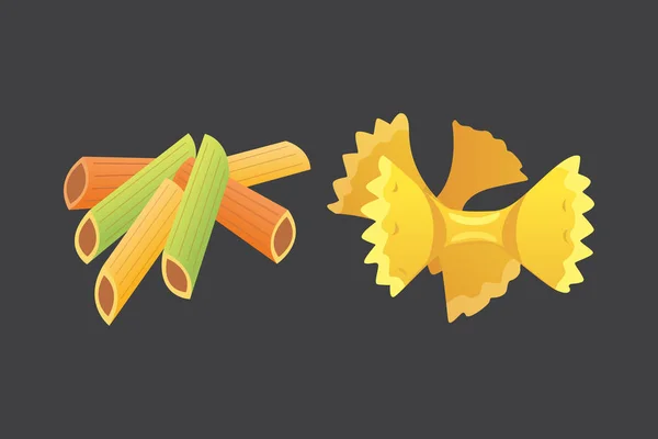 Set de vectores de pasta italiana en estilo de dibujos animados. Diferentes tipos y formas de macarrones . — Vector de stock