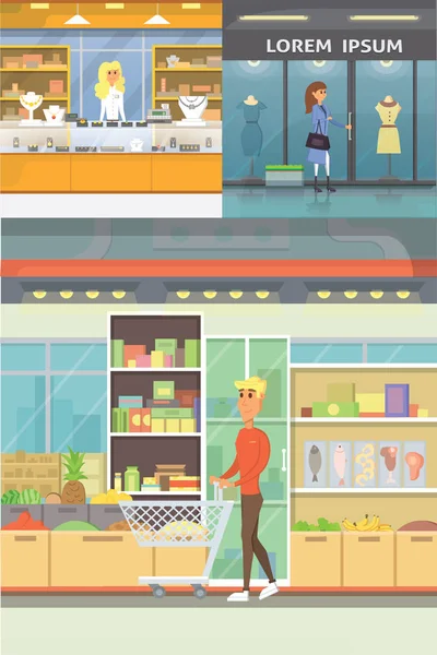 Shopping Center, Boutique kamers en juwelier. Supermarkt interieur collectie. Mensen in een mall. Set kopen producten cartoon afbeelding — Stockvector