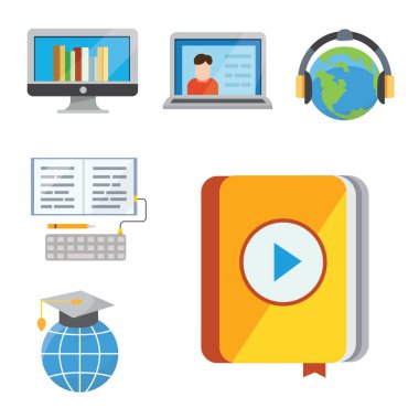 Uzaktan eğitim, öğrenme online web afiş ve baskı malzemeleri için renkli vektör illüstrasyon kavramı düz tasarım. E-webinar Isolated.