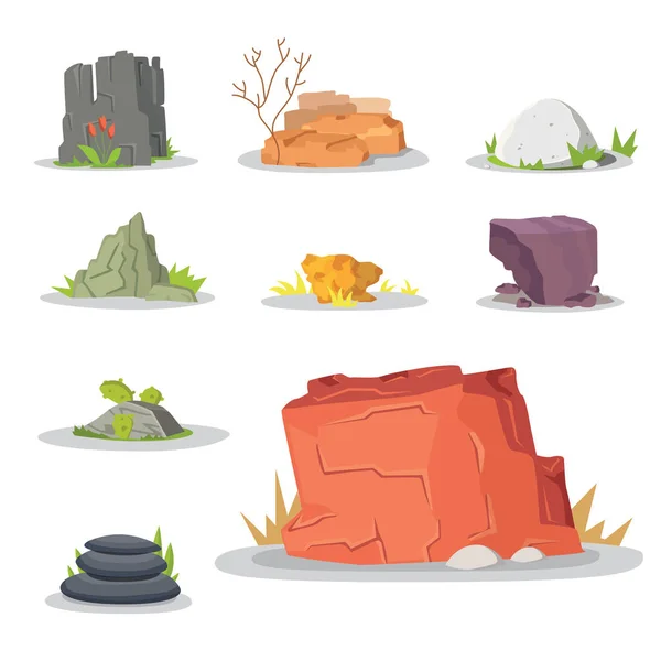 Conjunto de colección de elementos de rocas y piedras. Ilustración vectorial de materiales sólidos. Piedras de dibujos animados en diferentes colores . — Vector de stock