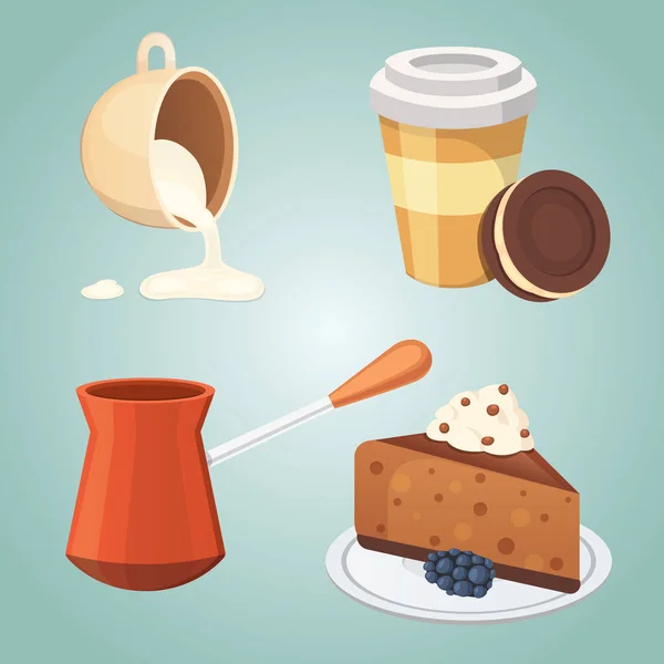 Una taza de café, café con leche y pastel de chocolate. Dulces desiertos tiempo . — Vector de stock