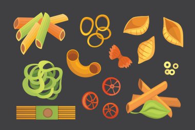 Vektör İtalyan makarna karikatür tarzı ayarlayın. Farklı türleri ve şekiller ile makarna. Mantı, makarna, tortiglioni illüstrasyon