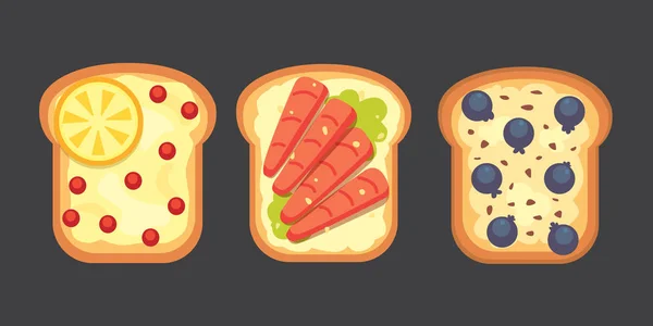 设置的祝酒词和三明治早餐。面包烤面包、 果酱、 蛋、 奶酪、 蓝莓、 花生黄油、 香肠、 鱼。平面矢量图. — 图库矢量图片