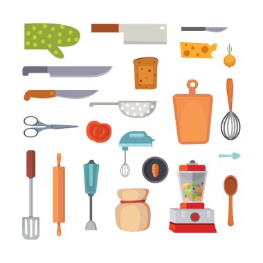 Set mutfak eşyaları vektör. Araçlar yemek düz stil. ekipman izole nesneleri yemek