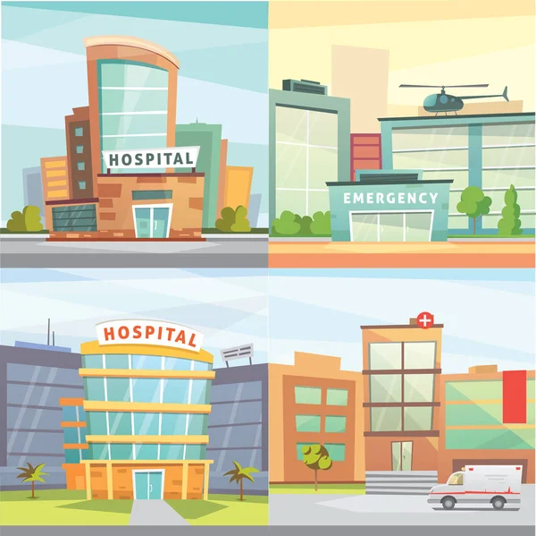 Set hospital edificio de dibujos animados moderna ilustración vectorial. Clínica Médica y antecedentes de la ciudad. Sala de emergencias exterior . — Vector de stock