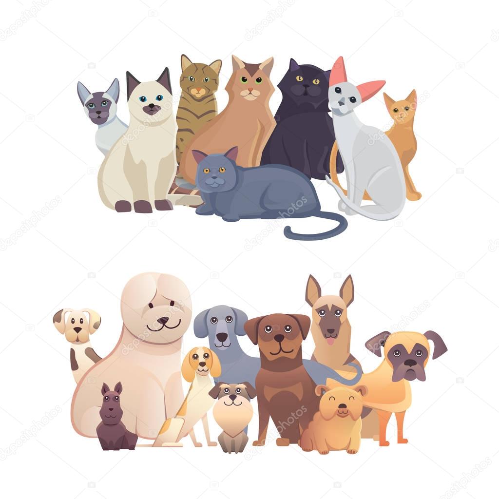 cats and dogs border set, front view. Pets collection of cartoon illustrations