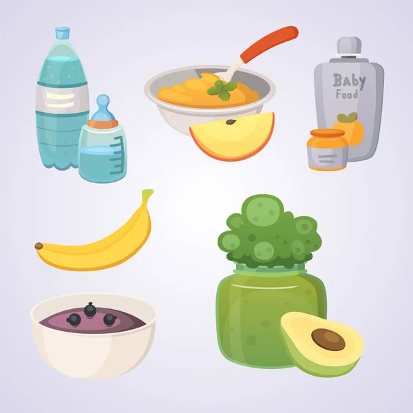 Jugos y purés de manzanas verdes y brócoli para el bebé. alimentos para bebé conjunto de productos de dibujos animados . — Vector de stock