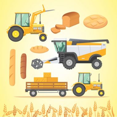 Sonbaharda hasat ayarlayın. Çiftlik tarım makinaları ve araç. Traktör ve tarım makine hasat, birleştirme.