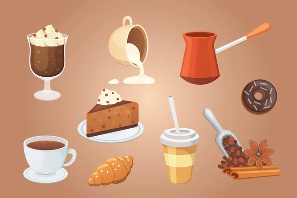 Conjunto de café e sobremesas doces ilustração vetorial isolado. Diferentes tipos de bebidas, incluindo café expresso, macchiato, chocolate . —  Vetores de Stock