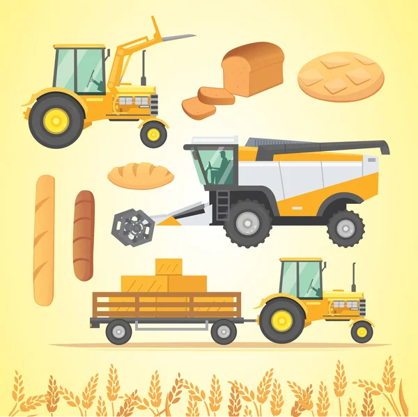 Sonbaharda hasat ayarlayın. Çiftlik tarım makinaları ve araç. Traktör ve tarım makine hasat, birleştirme.