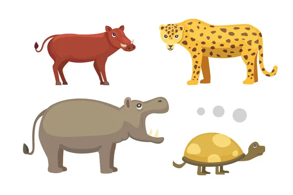 Animais africanos conjunto vetorial cartoon. elefante, rinoceronte, girafa, chita, zebra, hiena, leão, hipopótamo, crocodilo, gorila e outhers. safari ilustração isolada —  Vetores de Stock