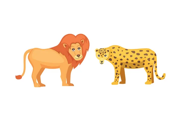 Leão e leopardo savana animais em estilo cartoon —  Vetores de Stock