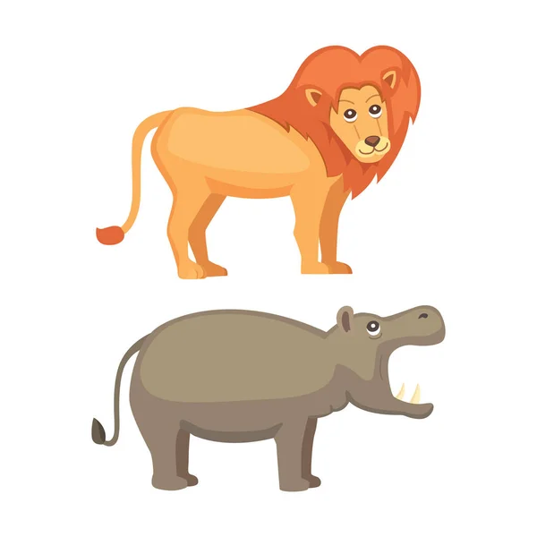 Animales africanos conjunto de vectores de dibujos animados. safari de ilustración de vectores de leones e hipopótamos . — Vector de stock