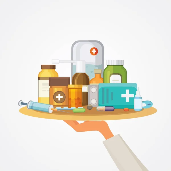 Concept pharmacie avec pilules Capsules. médecin main tient plateau avec des médicaments — Image vectorielle