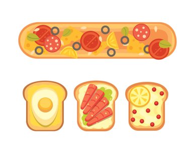 Set tost ve sandviç kahvaltı. Reçel, yumurta, peynir, yaban mersini, fıstık ezmesi, salam, Balık ekmek tost. Düz vektör çizim.