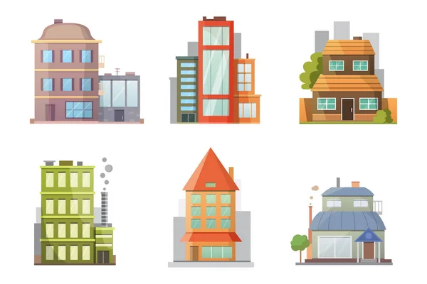 Design plat de maisons de ville rétro et modernes. Bâtiments anciens, gratte-ciel. chalet coloré, maison de café . — Image vectorielle