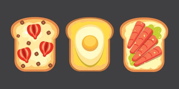 Portez un toast et un petit déjeuner sandwich. Toast au pain avec confiture, oeuf, fromage, myrtille, beurre d'arachide, salami, poisson. Illustration vectorielle plate . — Image vectorielle