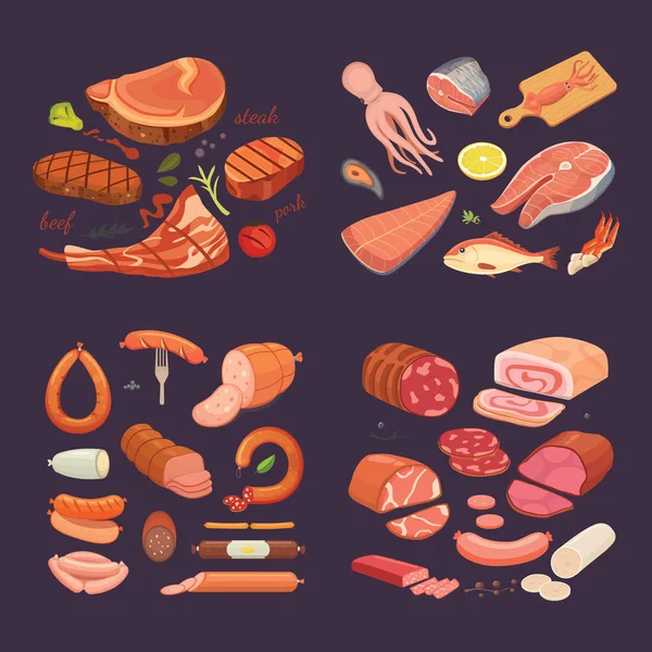 Coleção de diferentes produtos à base de carne. Definir salsicha de desenhos animados e peixe. Bife grelhado —  Vetores de Stock