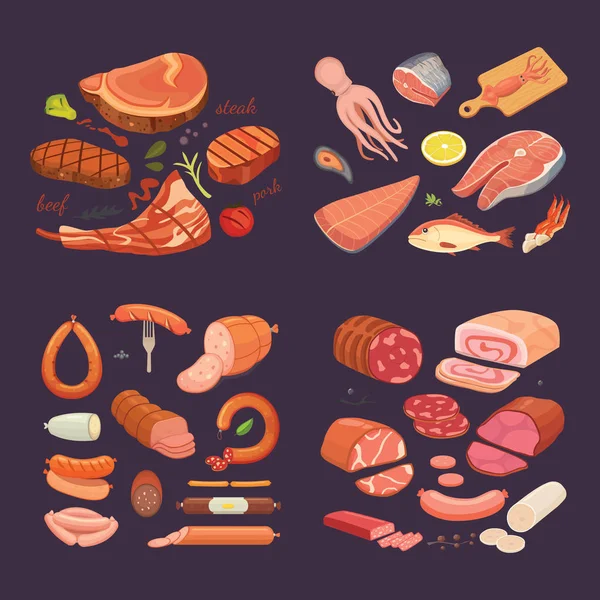 Colección de diferentes productos cárnicos. Establecer salchichas de dibujos animados y pescado. Filete de res a la parrilla — Vector de stock