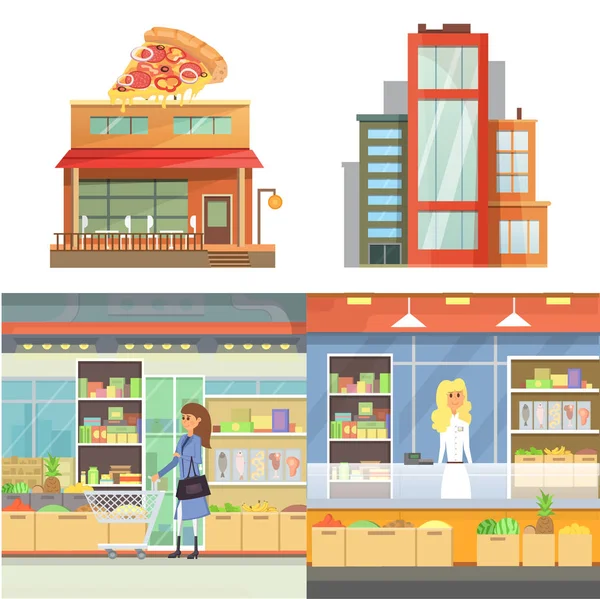 Diferentes tiendas edificios. supermercado conjunto plano aislado vector ilustración . — Vector de stock