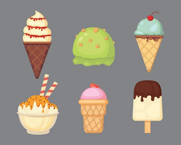 Colección de ilustraciones de helados de dibujos animados vectoriales. Comida de verano . — Vector de stock