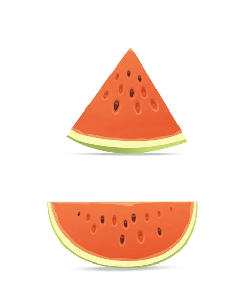 Fräsch och saftig röd vattenmelon och skivor. Äta tropiska frukter vattenmeloner. — Stock vektor