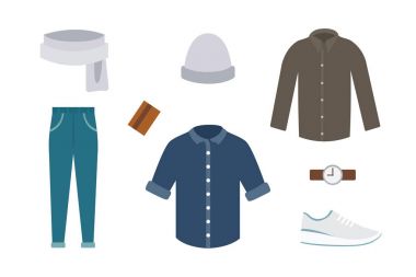 Soğuk sezon için çeşitli giyim ve ayakkabı koleksiyonu. Mens sonbahar bak. Düz stil Tasarım Giyim