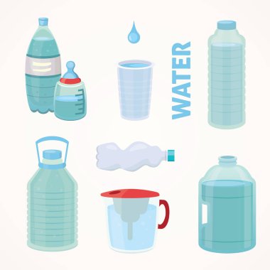 Plastik şişe saf su, farklı şişe tasarımı vektör çizim karikatür tarzı ayarla.