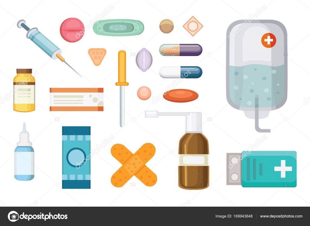 Medicamentos Dos Desenhos Animados. Diferentes Pílulas E Garrafas