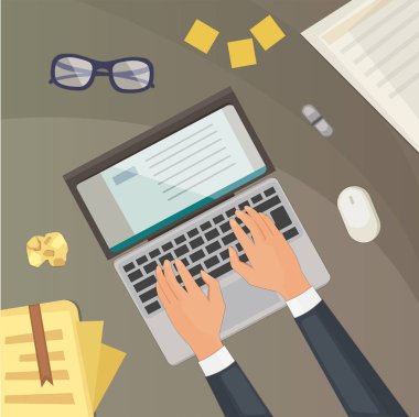 Düz tasarım en iyi görünümü Resepsiyon konsept tasarım '. Bloglama illüstrasyon laptop ve eller