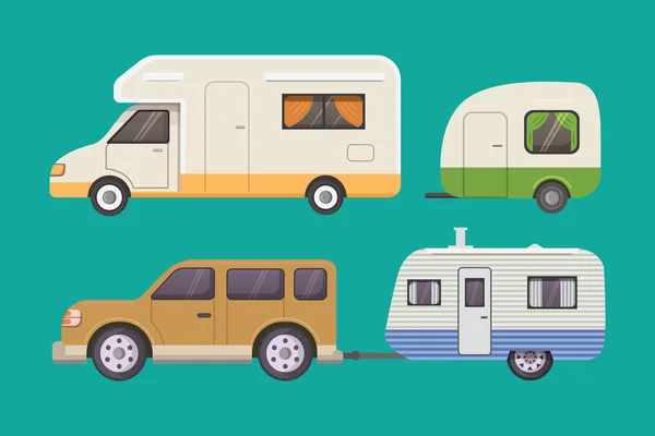 Retro camper trailer collection. car trailers caravan. tourism. — Stock Vector