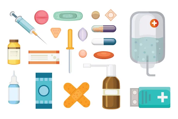 Médicaments pour dessins animés. Différentes pilules et bouteilles médicales, soins de santé et achats, pharmacie, pharmacie. Illustration vectorielle en style plat — Image vectorielle